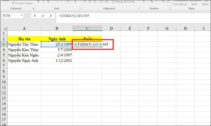 Áp dụng công thức tính tuổi bằng hàm TODAY() trong Excel