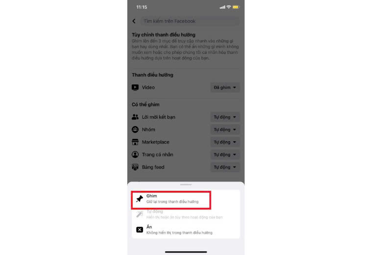 Thực hiện ghim ứng dụng vào thanh điều hướng Facebook