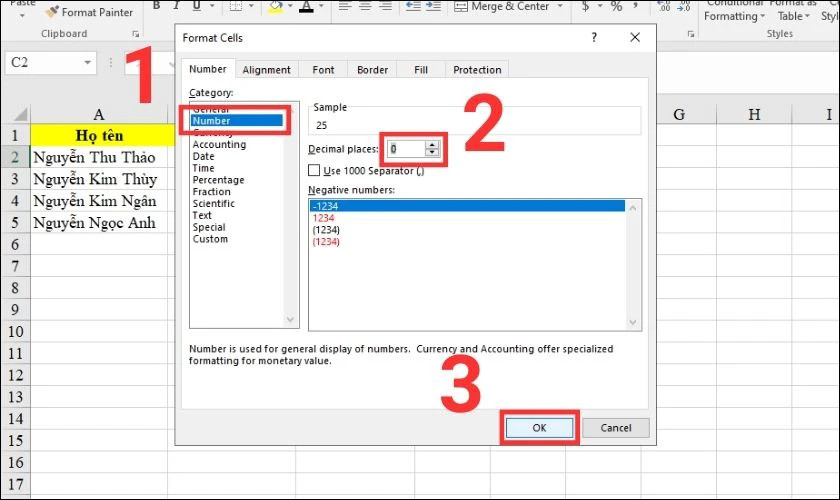 Cài đặt Decimal places là 0 trong hộp thoại Format Cells để hiển thị số nguyên