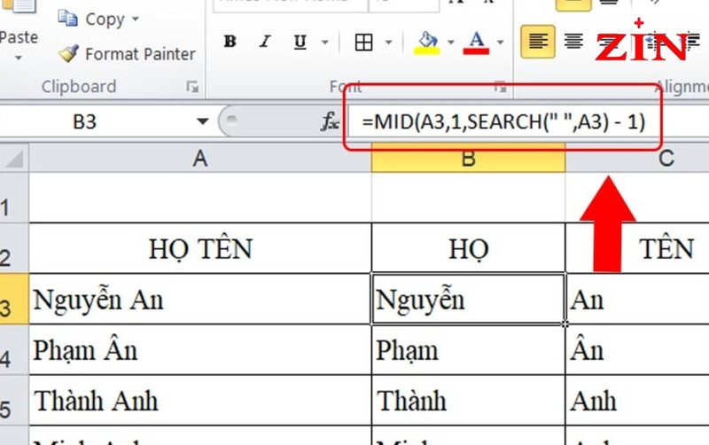 Ứng dụng hàm MID trong Excel để tách họ và tên từ một chuỗi dữ liệu