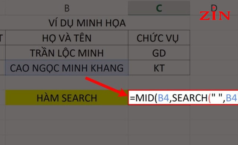 Hướng dẫn kết hợp hàm MID và SEARCH để trích xuất thông tin nhân sự như họ tên hoặc chức vụ từ dữ liệu chuỗi