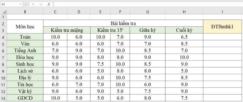 Bảng Excel đã nhập dữ liệu điểm
