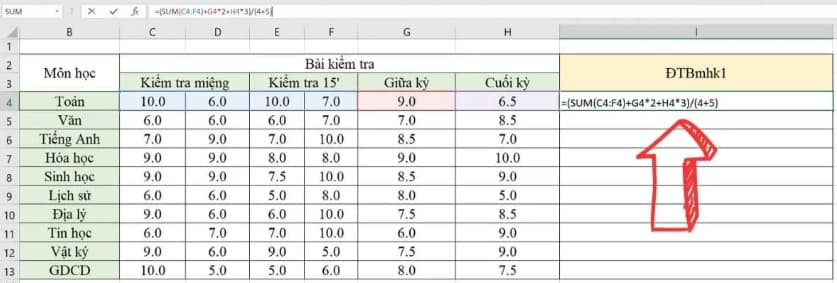 Nhập công thức tính điểm trung bình môn vào Excel