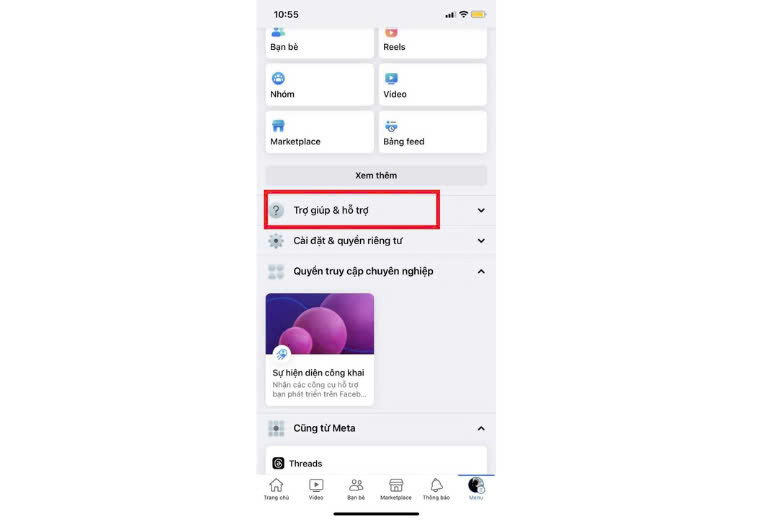Chọn mục Trợ giúp &amp; Hỗ trợ để yêu cầu thêm lối tắt Facebook