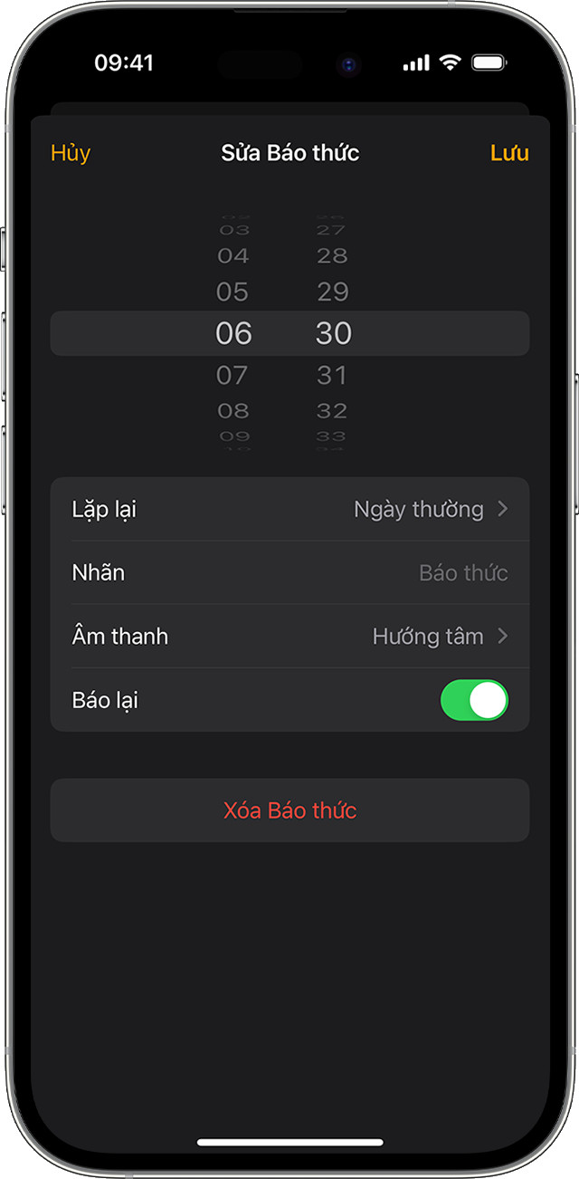 Giao diện chỉnh sửa báo thức trên iPhone 14 Pro trong ứng dụng Đồng hồ.