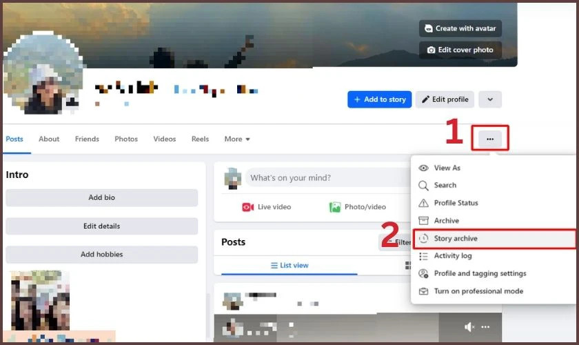 Chọn 'Kho lưu trữ tin' từ menu ba chấm trên Facebook máy tính