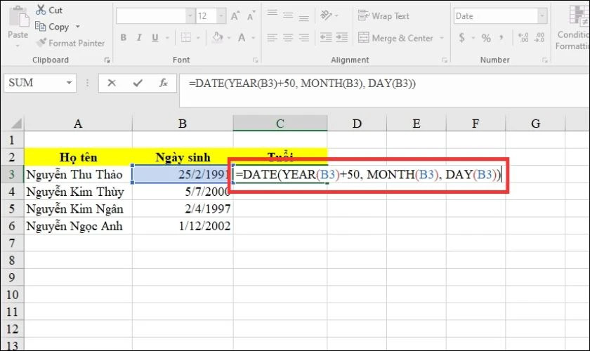 Xác định ngày đạt đến một độ tuổi cụ thể bằng hàm DATE và YEAR