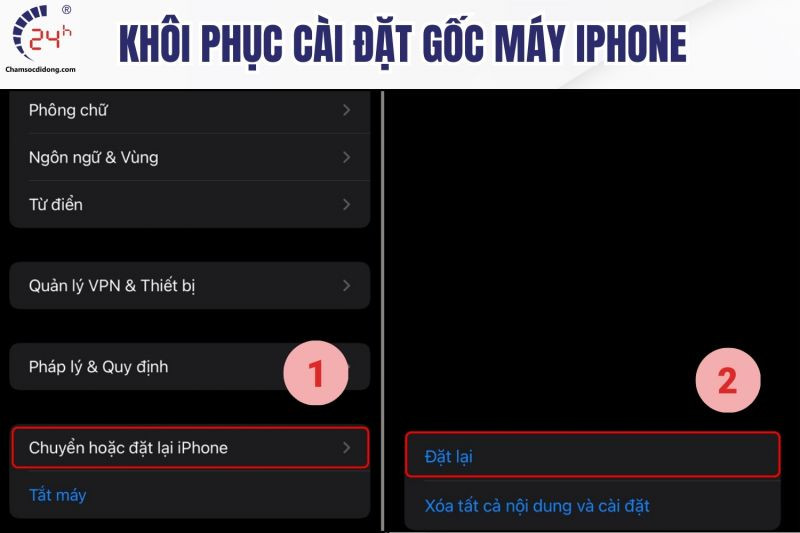 Lựa chọn 'Đặt lại' trong cài đặt iPhone để sửa lỗi cháy màn hình