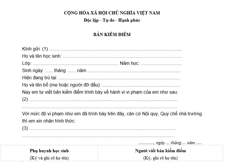 Mẫu bản kiểm điểm cá nhân học sinh trình bày chi tiết