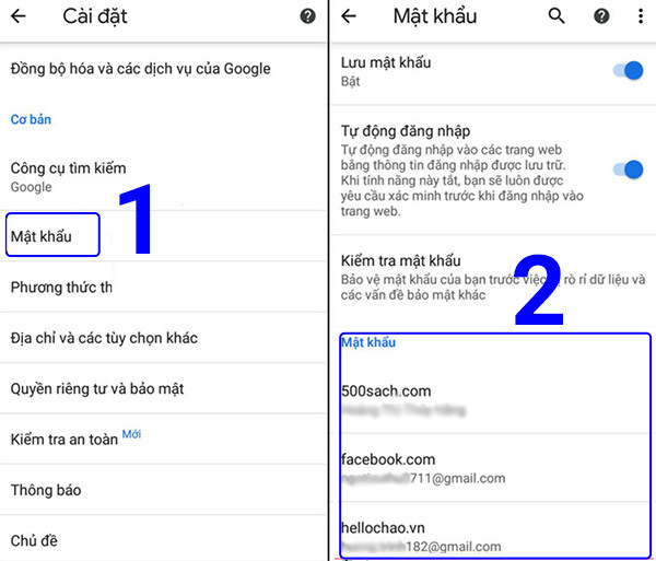 Màn hình hiển thị danh sách mật khẩu đã lưu trên Chrome Android