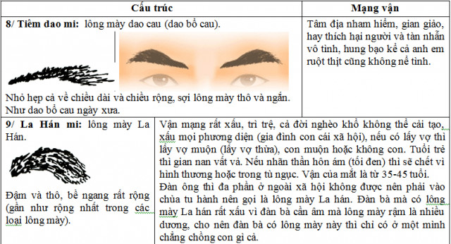 Lông mày nhỏ hẹp và lông mày đậm thô