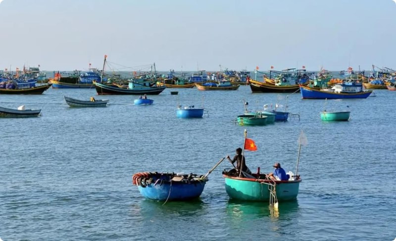 Khung cảnh Làng Chài Long Hải tấp nập với thuyền bè và hải sản tươi rói