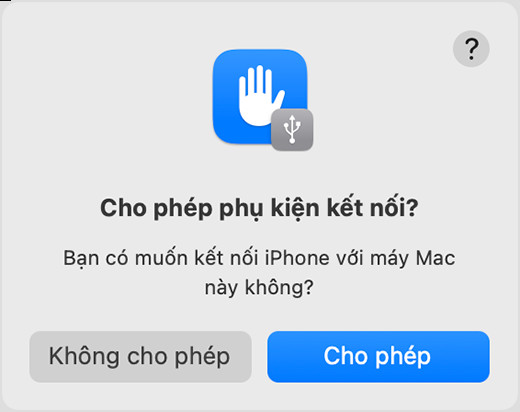 Thông báo 'Cho phép phụ kiện kết nối' trên màn hình máy Mac khi kết nối iPhone.