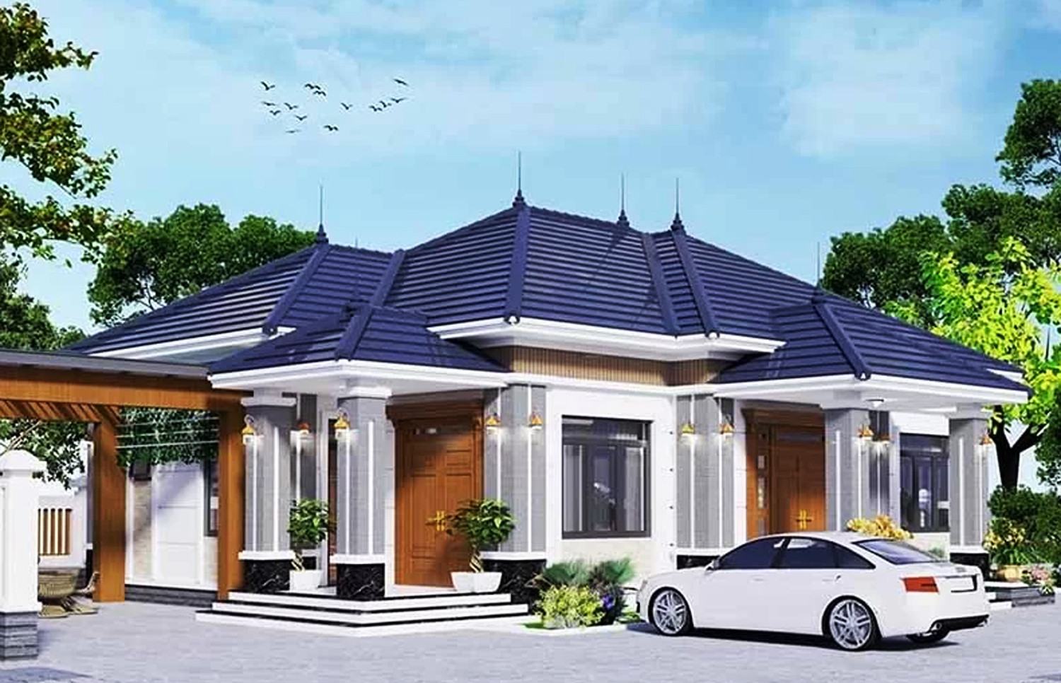 Mẫu nhà mái Nhật 1 tầng với thiết kế sang trọng, cổng vào bề thế