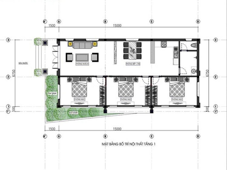 Bản vẽ nhà cấp 4 nông thôn đơn giản 3 phòng ngủ 100m2 mái bằng
