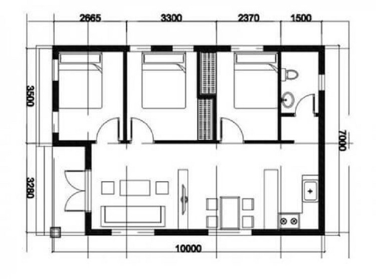 Bản vẽ nhà cấp 4 nông thôn đơn giản 3 phòng ngủ 100m2