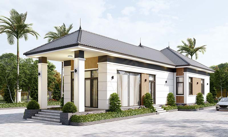 Mẫu nhà cấp 4 nông thôn đơn giản mái Nhật hình chữ U 3 phòng ngủ