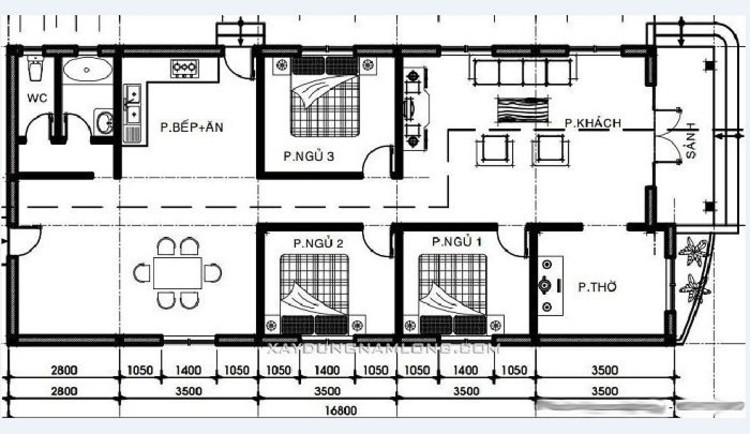 Bản vẽ nhà cấp 4 nông thôn đơn giản 3 phòng ngủ 100m2