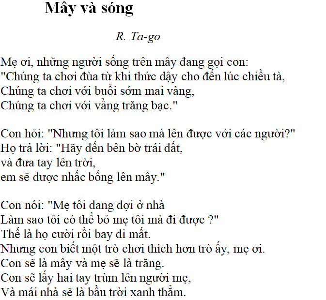 Toàn cảnh bài thơ Mây và Sóng của Rabindranath Tagore