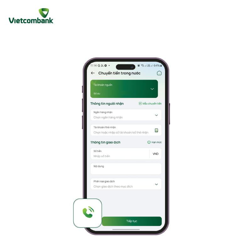 Biểu tượng cuộc gọi trên màn hình chuyển tiền của ứng dụng VCB Digibank, hướng dẫn khách hàng cách gọi tổng đài Vietcombank miễn phí.