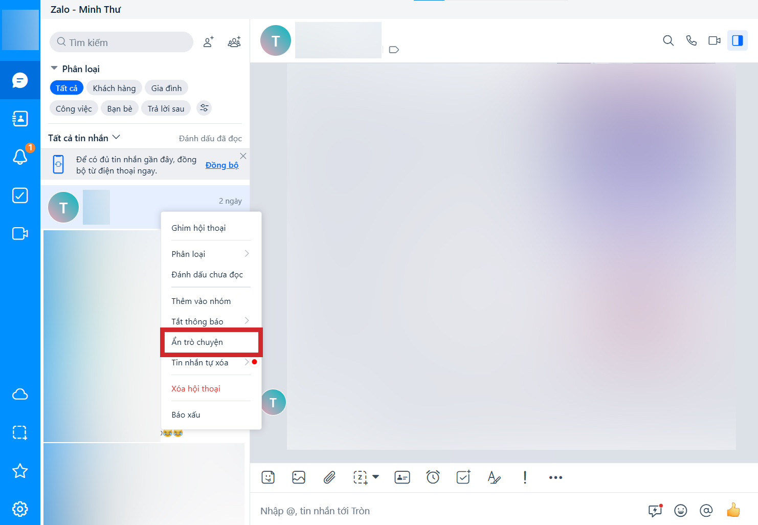 Ẩn tin nhắn Zalo trên máy tính: Bước 2 - Chọn tùy chọn 'Ẩn trò chuyện'