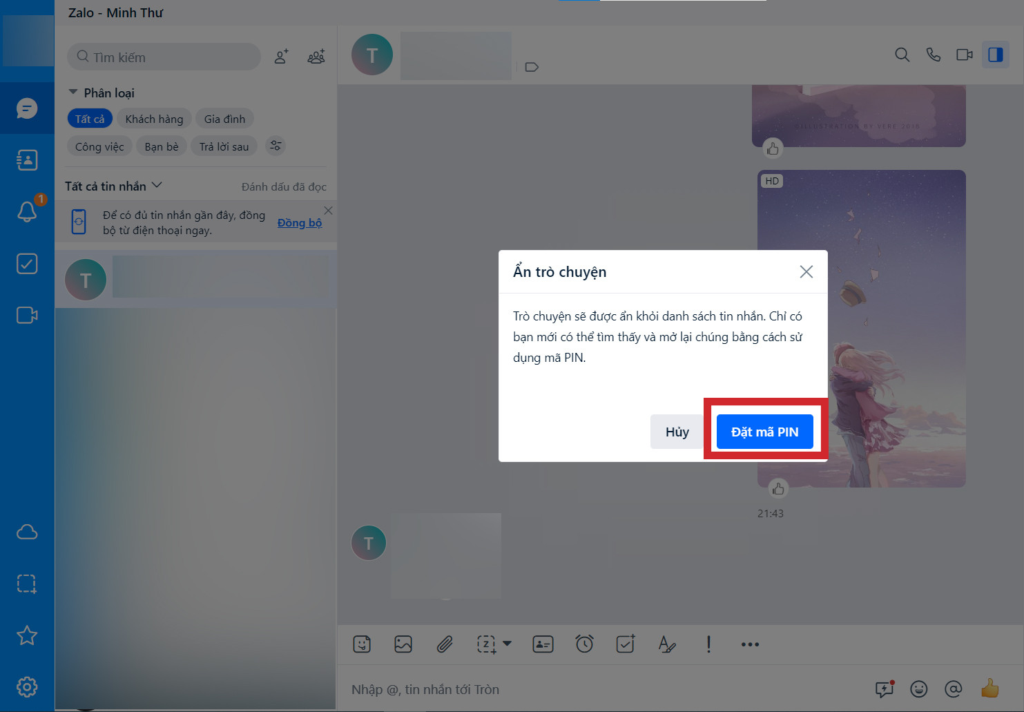 Cài đặt mã PIN Zalo để ẩn tin nhắn trên máy tính