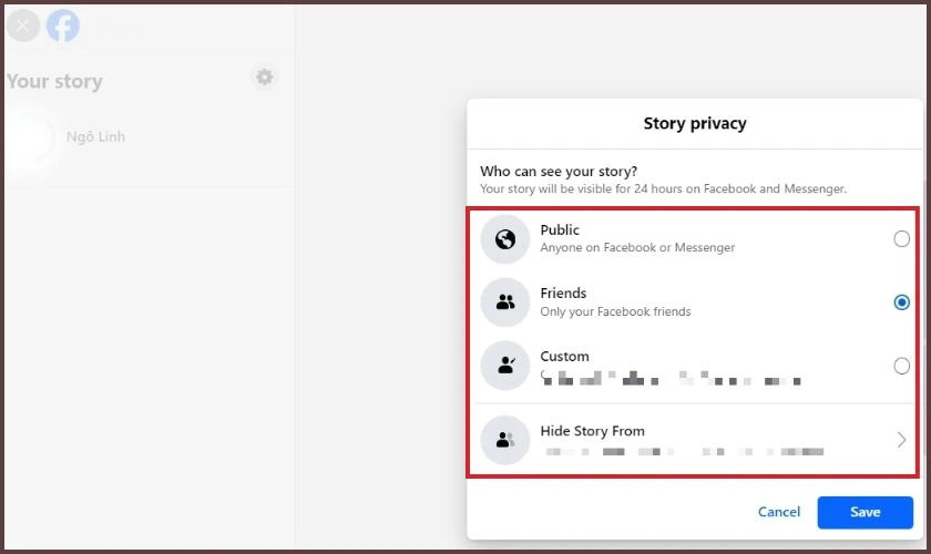 Cài đặt quyền riêng tư Story Facebook với các tùy chọn công khai, bạn bè, tùy chỉnh