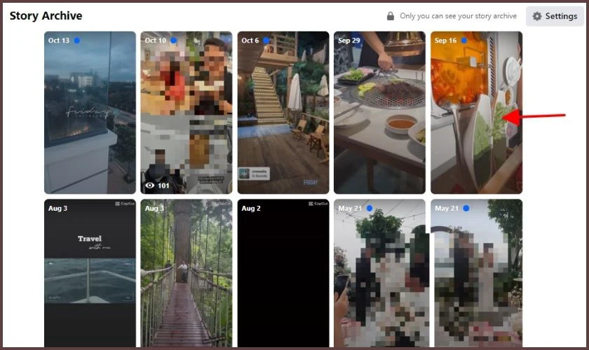 Giao diện kho lưu trữ story Facebook và cách chọn story cần xem