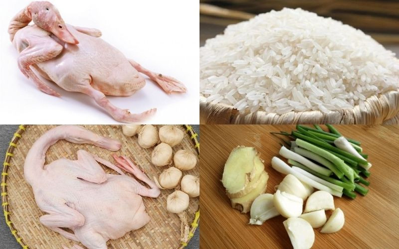 Nguyên liệu chính cho món cháo vịt ngon tại nhà, bao gồm vịt ta tươi, gạo tẻ và gạo nếp, cùng các gia vị cơ bản như hành tím, gừng, tiêu.