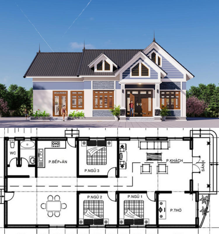 Nhà cấp 4 nông thôn đơn giản 3 phòng ngủ 1 phòng thờ đầy đủ bản vẽ