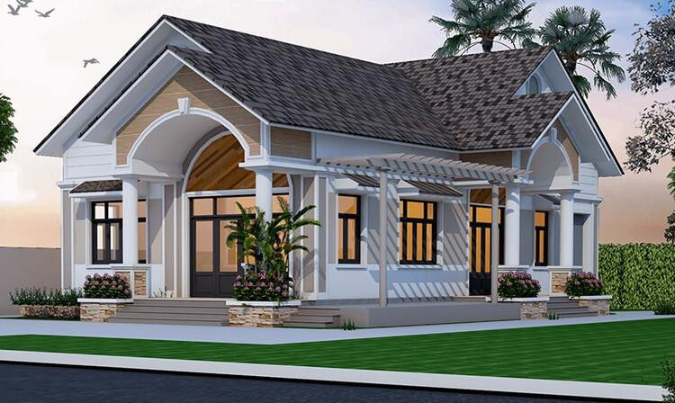 Nhà cấp 4 nông thôn đơn giản 3 phòng ngủ 120m2 chữ L tối ưu không gian
