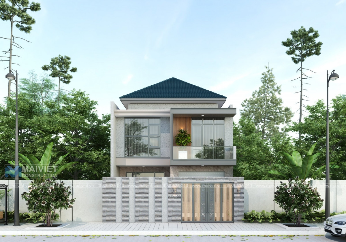 Mẫu nhà mái Nhật 2 tầng hiện đại với ban công rộng