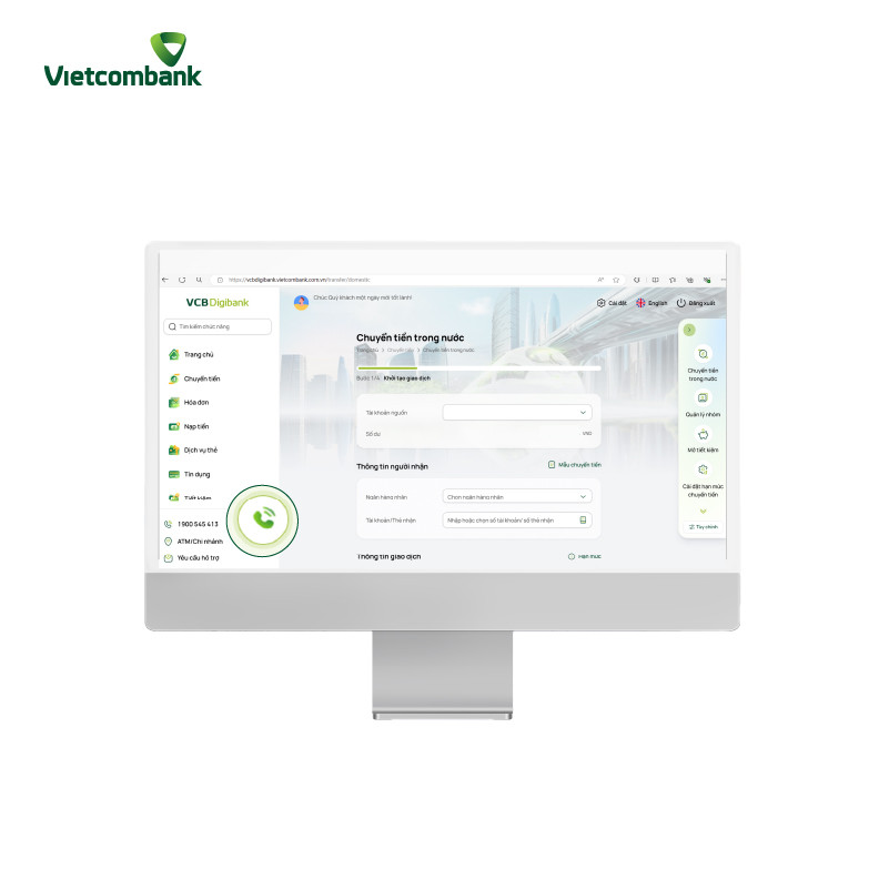 Nút gọi tổng đài tích hợp trên giao diện website VCB Digibank, cho phép người dùng liên hệ hỗ trợ Vietcombank miễn phí.