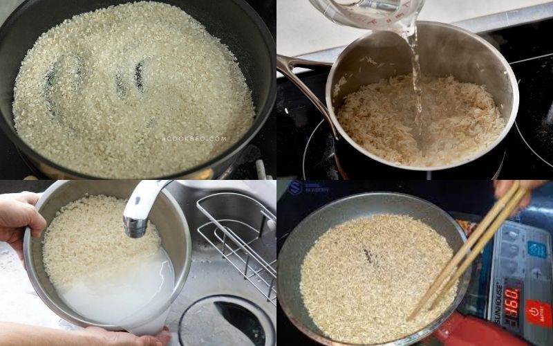 Quá trình rang gạo trên chảo nóng để tạo mùi thơm đặc trưng trước khi nấu cháo vịt, giúp cháo sánh mịn và dậy mùi hơn.