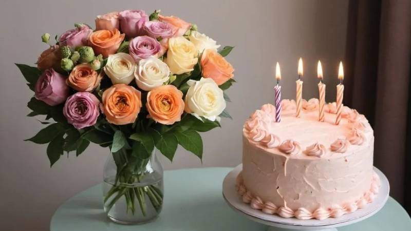 Ảnh bánh sinh nhật nhiều tầng được trang trí hoa tươi nghệ thuật, lý tưởng làm hình nền