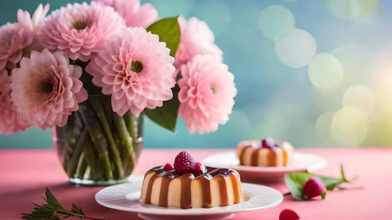 Hình ảnh bánh kem và hoa đẹp mắt, do AI thiết kế với chi tiết tinh xảo