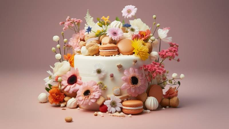 Chiếc bánh sinh nhật đẹp được trang trí hoa tươi rực rỡ, tạo không gian ấm cúng