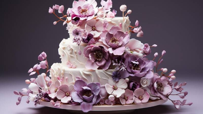 Hình ảnh bánh sinh nhật đẹp mắt và hoa lan thanh lịch, tạo nên vẻ đẹp sang trọng