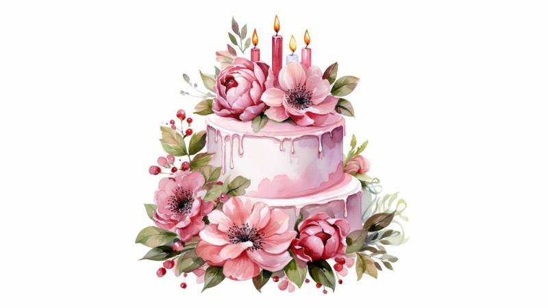 Mẫu hình bánh sinh nhật và hoa vẽ tay, đơn giản nhưng đầy nghệ thuật và cảm xúc