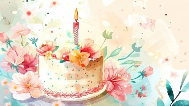 Mẫu hình nền bánh sinh nhật và hoa vẽ tay, phù hợp với người yêu thích sự đơn giản, tinh tế