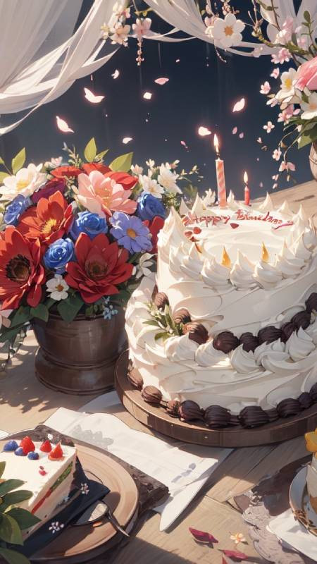 Hình ảnh bánh sinh nhật đẹp AI với hiệu ứng ánh sáng, mang đến vẻ đẹp lung linh cho màn hình