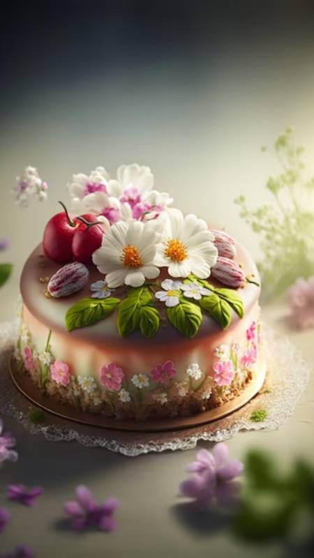 Hình bánh sinh nhật đẹp AI với hoa lá sống động, độc đáo làm hình nền điện thoại