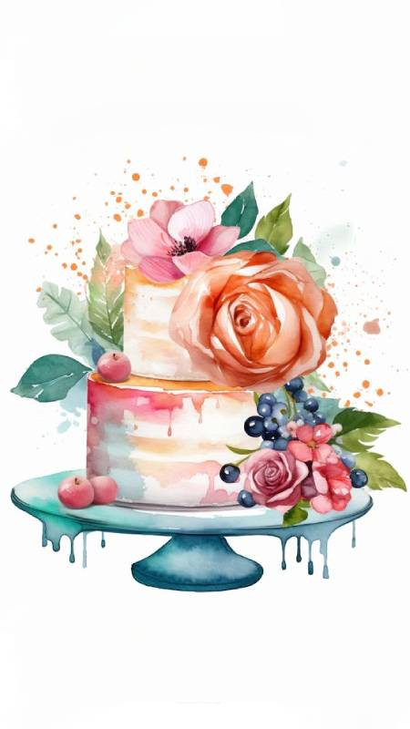 Mẫu hình nền bánh sinh nhật và hoa vẽ tay, đơn giản nhưng đầy cuốn hút cho di động