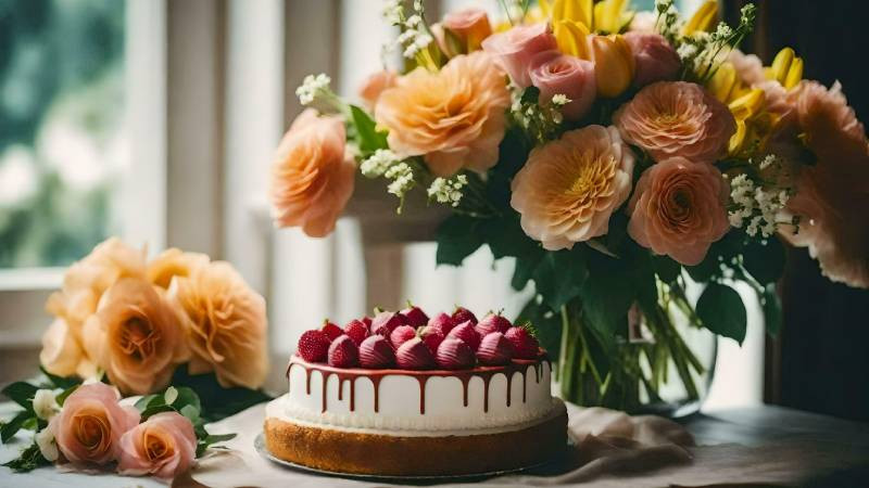 Chiếc bánh kem sinh nhật đẹp mắt bên cạnh bó hoa hồng, mang đến không gian làm việc sinh động