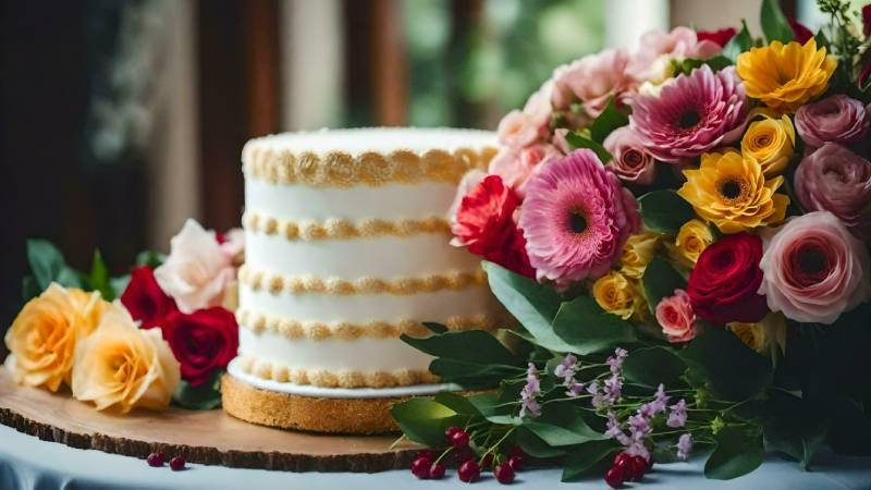 Hình ảnh bánh sinh nhật rực rỡ sắc màu, cùng hoa tươi trang trí tinh tế cho màn hình desktop