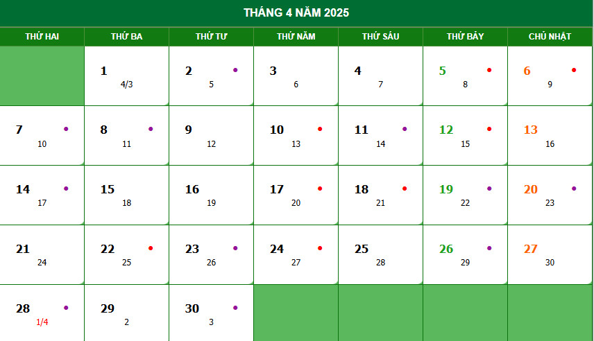 Lịch dương tháng 4 năm 2025