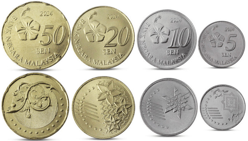 Các đồng xu Ringgit Malaysia gồm 5, 10, 20 và 50 sen, mang họa tiết văn hóa bản địa độc đáo
