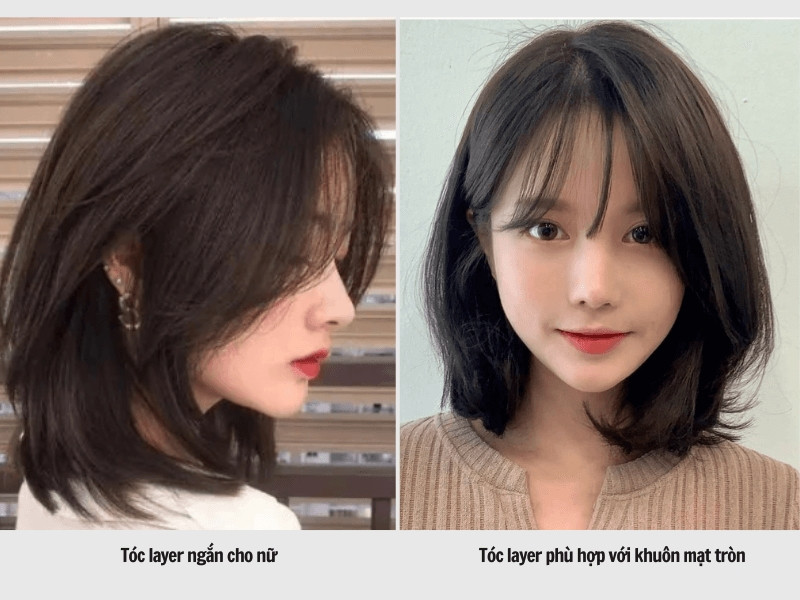Kiểu tóc ngắn layer ngang vai phù hợp cho mặt tròn, giúp gương mặt thanh thoát