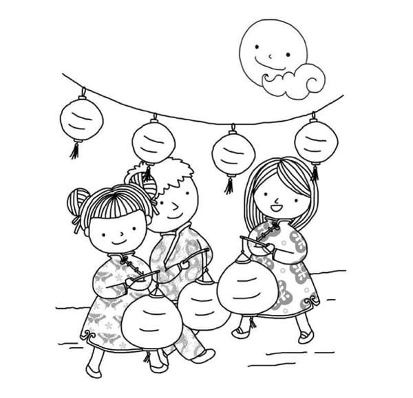 Tranh tô màu cảnh trẻ em rước đèn Trung thu