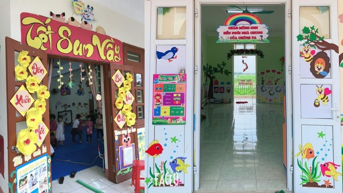 Trang trí cửa lớp mầm non bằng giấy màu hình cây xanh và hoa